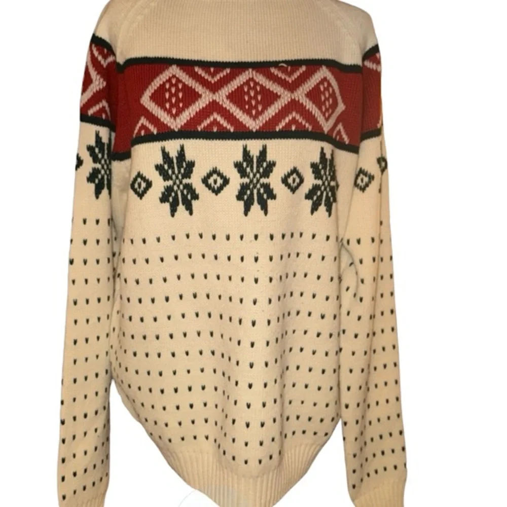 VTG 80s JCPenny Cream green/ Burgundy Geometric Snowflake Knit winter sweater XL